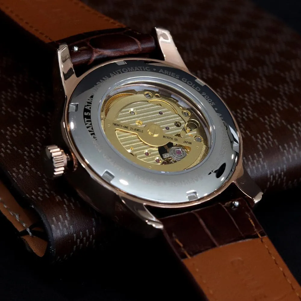 ARIES GOLD AUTOMATIC INFINUM EL TORO GOLD STAINLESS STEEL G 9005G RG-BK BROWN LEATHER STRAP MEN'S WATCH