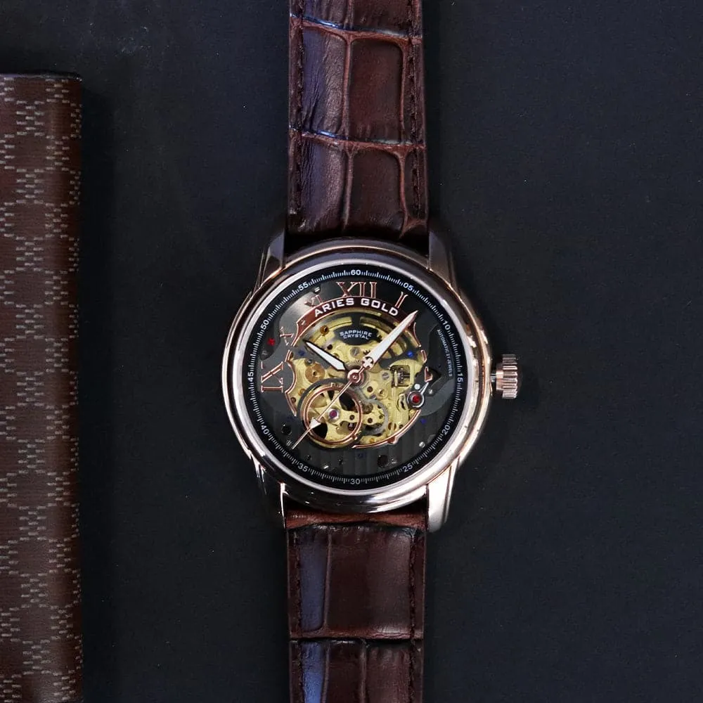 ARIES GOLD AUTOMATIC INFINUM EL TORO GOLD STAINLESS STEEL G 9005G RG-BK BROWN LEATHER STRAP MEN'S WATCH