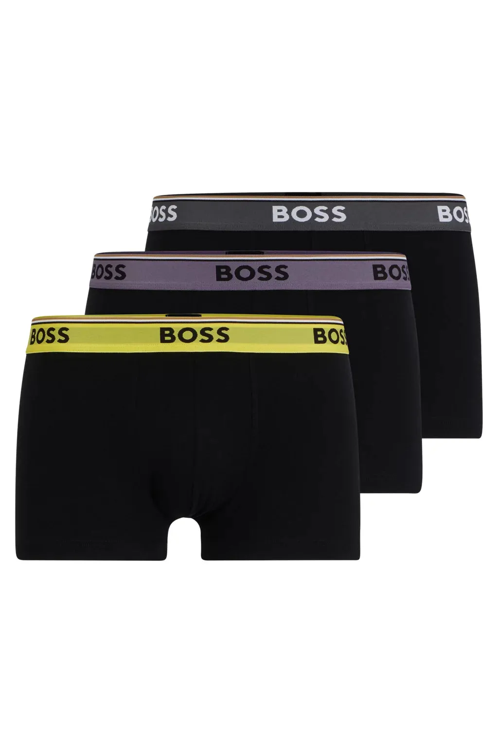 Boss 3 Pack of Stretch-Cotton Trunks - Black with Yellow/Purple/Charcoal Waistbands