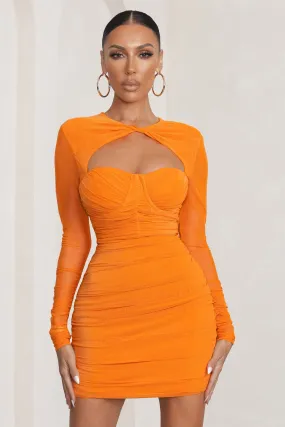 Daiquiri | Mini-robe orange en maille froncée à découpes et manches longues