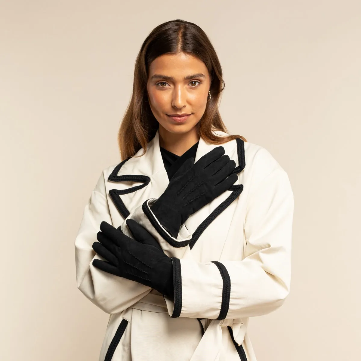 Elizabeth (black) - suede leather gloves with warm faux fur lining