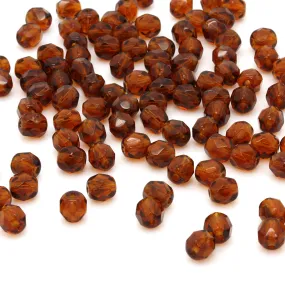 Fire Polished Amber Glass Faceted Round 6mm-Pack of 100