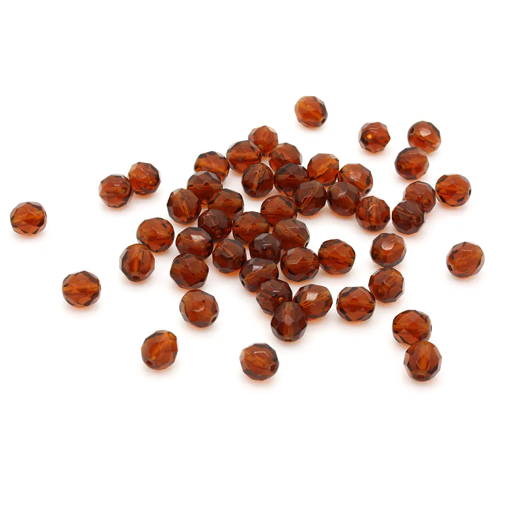 Fire Polished Amber Glass Faceted Round 8mm-Pack of 50