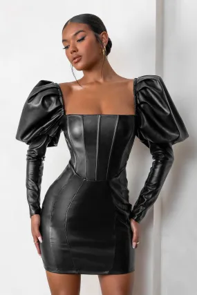 Karyme | Mini-robe à manches bouffantes en similicuir noir avec détail corset