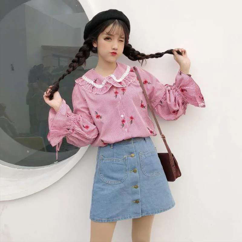 Kawaii Flower Embroidered Striped Shirt