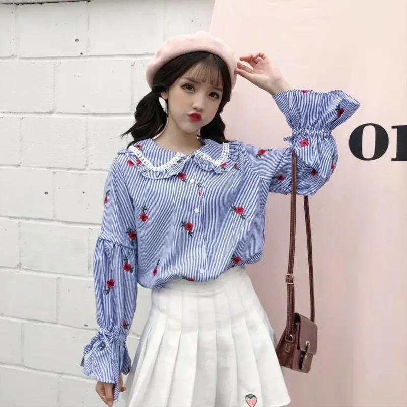 Kawaii Flower Embroidered Striped Shirt