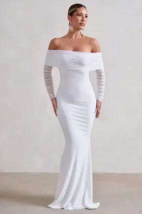 Madeleine | Robe longue blanche avec manches longues en maille bardot