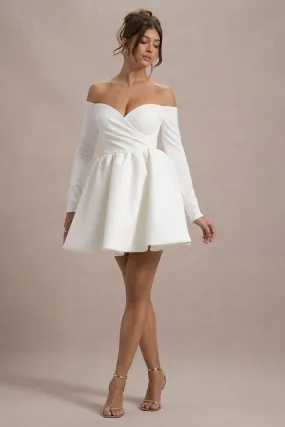 Marta | Mini-robe blanche à décolleté bardot et manches longues