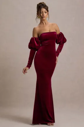 Neoma | Robe Longue Bardot en Velours Rouge Cerise à Manches Bouffantes