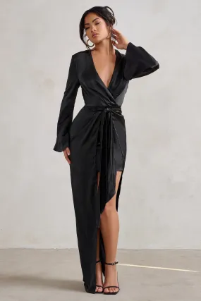 Patricia | Robe longue noire à manches longues et décolleté plongeant avec nud