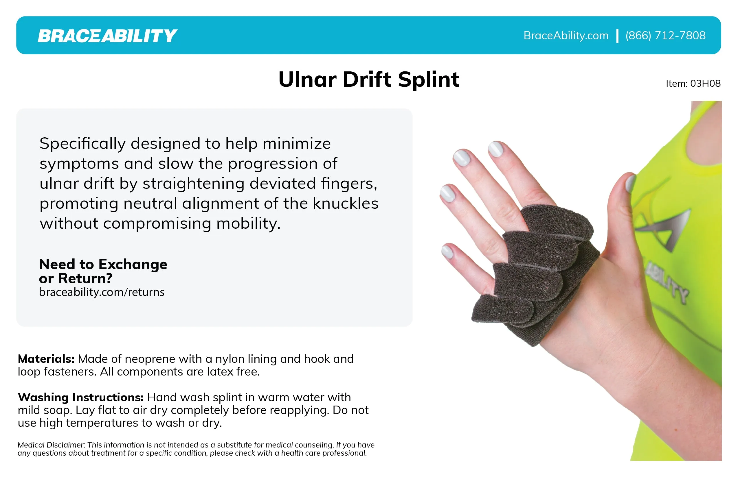 Ulnar Deviation / Drift Hand Splint for Arthritis & MCP Knuckle Joint Support