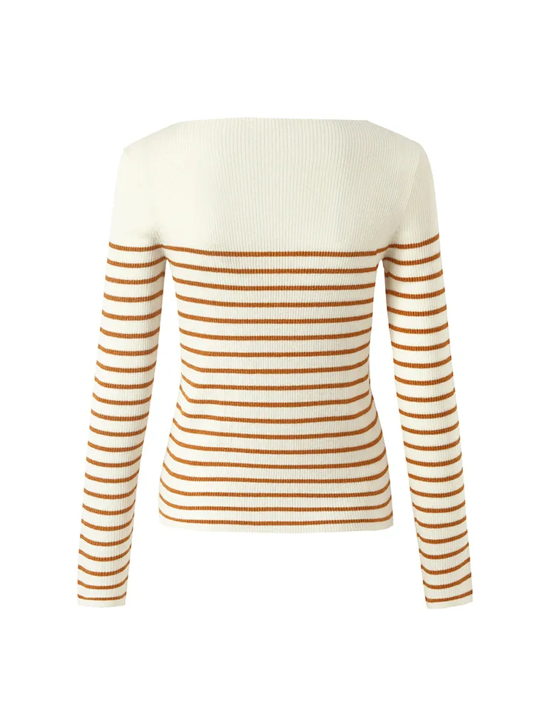 Wool Striped Boatneck Slim Women Sweater