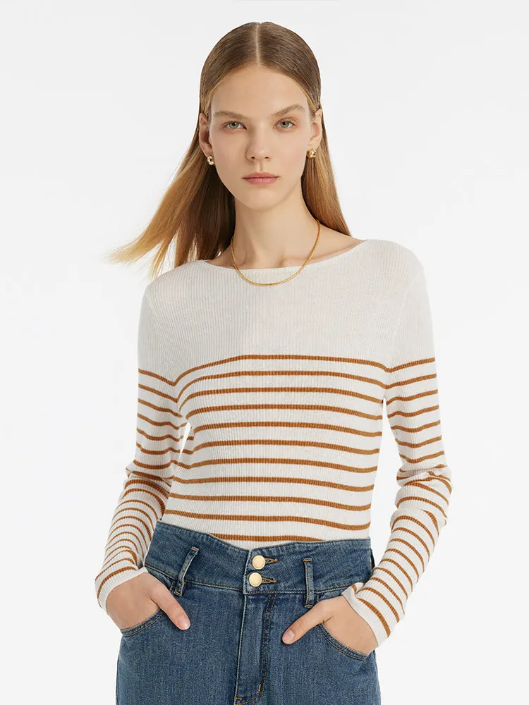 Wool Striped Boatneck Slim Women Sweater